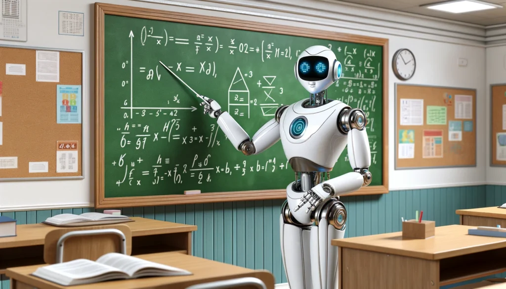 An AI-robot with a pointer in front of the blackboard